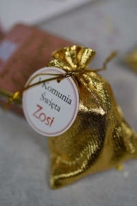 złote woreczki na cukierki komunijne z imieniem (minimalne zamówienie 15 szt.) 