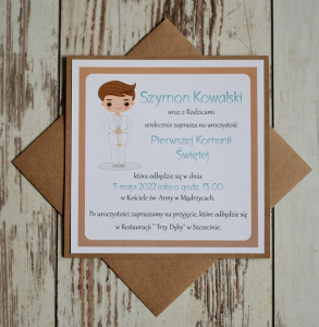 rustykalne zaproszenia na komunię dla chłopca z ozdobną kopertą - komplet (minimalne zamówienie 10 szt.) 