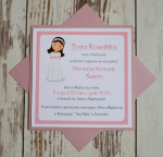 różowe zaproszenia na komunię dla dziewczynki z ozdobną kopertą - komplet  (minimalne zamówienie 10 szt.) 