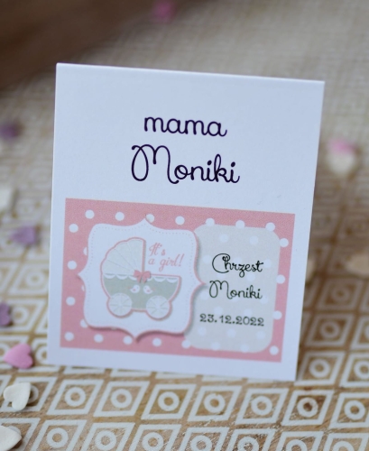 śliczne winietki na chrzest dla dziewczynki - różowy wózeczek