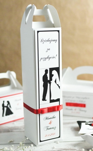 spersonalizowane pudełka na wódkę weselną, eleganckie opakowania na alkohol, pudełka na alkohol weselny, para młoda, eleganckie pudełka