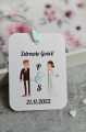 zawieszki na wódkę weselną z parą młodą - dowolny tekst, nowoczesne winietki z ciekawym tekstem