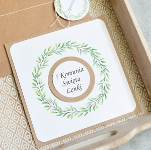 piękne, rustykalne zaproszenia na komunię - zielony wianuszek (minimalne zamówienie 10 szt.) 