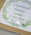 rustykalna, ekologiczna księga gości na I Komunię Świętą - zielony wianuszek - z wydrukiem imienia dziecka i daty