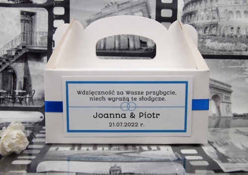 klasyczne pudełka na ciasto weselne - wydruk imion Pary Młodej oraz daty