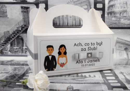 spersonalizowane pudełka na ciasto weselne z grafiką pary młodej - kolory do wyboru - szybka realizacja