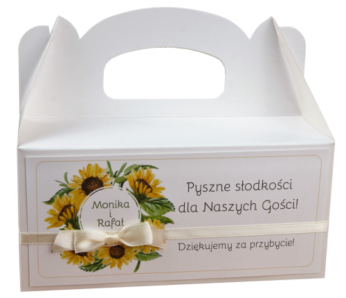 rustykalne pudełka na ciasto weselne - motyw graficzny słonecznika - słonecznik pojemniki na ciasto weselne