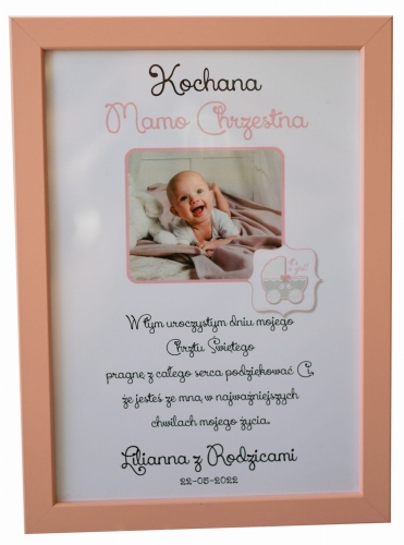 podziękowania dla chrzestnych - różowa ramka ze zdjęciem Twojego dziecka - A4 - różowy wózeczek dla dziewczynki
