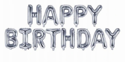 srebny napis balony na urodziny HAPPY BIRTHDAY