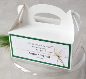 pudełka na ciasto weselne z imionami - butelkowa zieleń i złoty (minimalne zamówienie 15 szt.) 