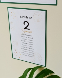 rozkład stołów weselnych A4 - butelkowa zieleń i złoto