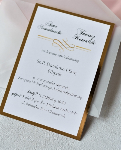 spersonalizowane, złote zawiadomienia o  ślubie glamour z przeźroczystą kopertą - oryginalne zawiadomienia - hit