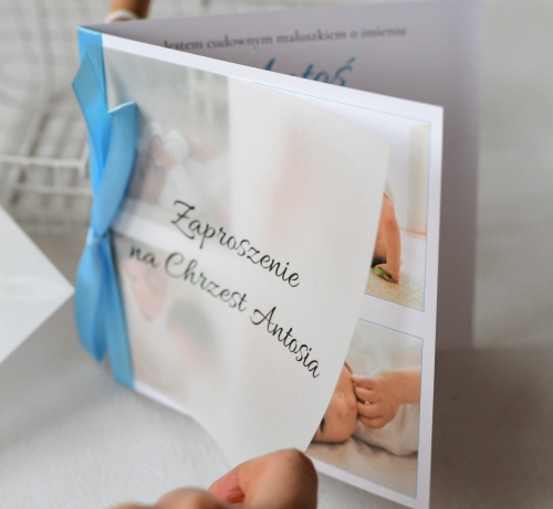 przepiękne, oryginalne zaproszenia na chrzest ze zdjęciem dziecka i ozdobą kalką - szybka realizacja