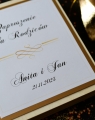 drewniane zaproszenia dla rodziców z prośbą o błogosławieństwo - modny styl glamour - dekoracje weselne złote idealne na ślub w stylu glamour