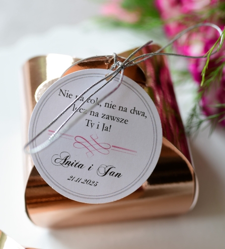 eleganckie, przepiękne pudelka na cukierki w kolorze golden rose - różowe złoto - dowolny nadruk na zawieszce; na wesele w stylu glamour