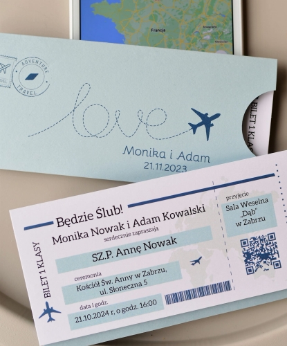 nowoczesne zaproszenia weselne w formie biletu lotnicznego - wydruk listy gości i personalizacja w cenie - zaproszenia ślube z motywem samolotu dla podróżników