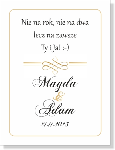 nalepki naklejki na wódkę weselną glamour; nadruk dowolnego wierszyka i imion Pary Młodej