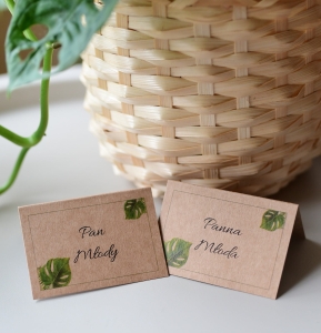 rustykalne botaniczne winietki weselne - motyw monstery - szybka realizacja  (minimalne zamówienie 20 szt.) 