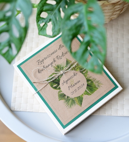 drewniane zaproszenia dla rodziców  - eleganckie zaproszenia ślubne dla rodziców z prośbą o błogosławieństwo - styl botaniczny ekologiczny - personalizacja w cenie