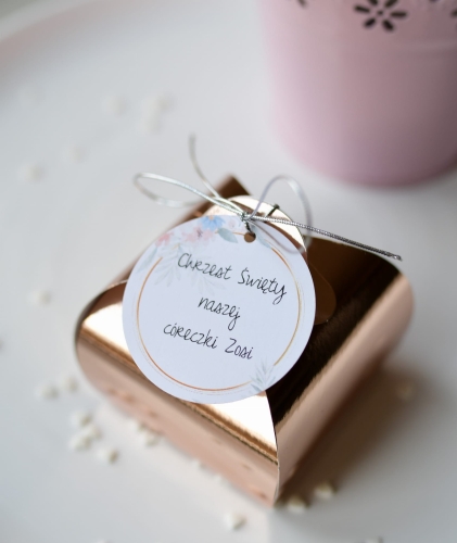 upominiki dla gości na chrzest święty z personalizacją - boxy pudełka złote różowo