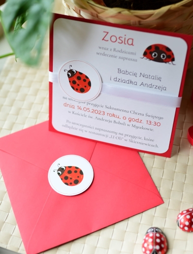 urocze zaproszenia na chrzciny dla dziewczynki z wydrukiem lsty gości - szybka realizacja - motyw biedronki