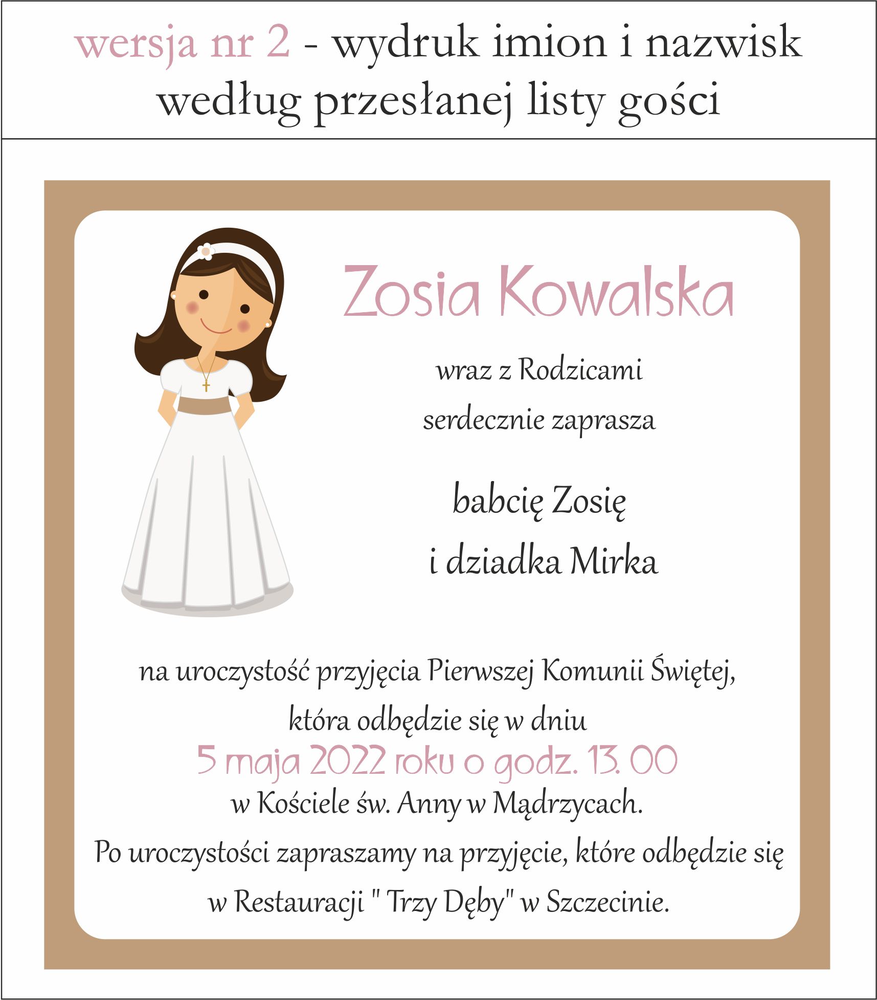 wnętrze zaproszenia na komunię z personalizacją