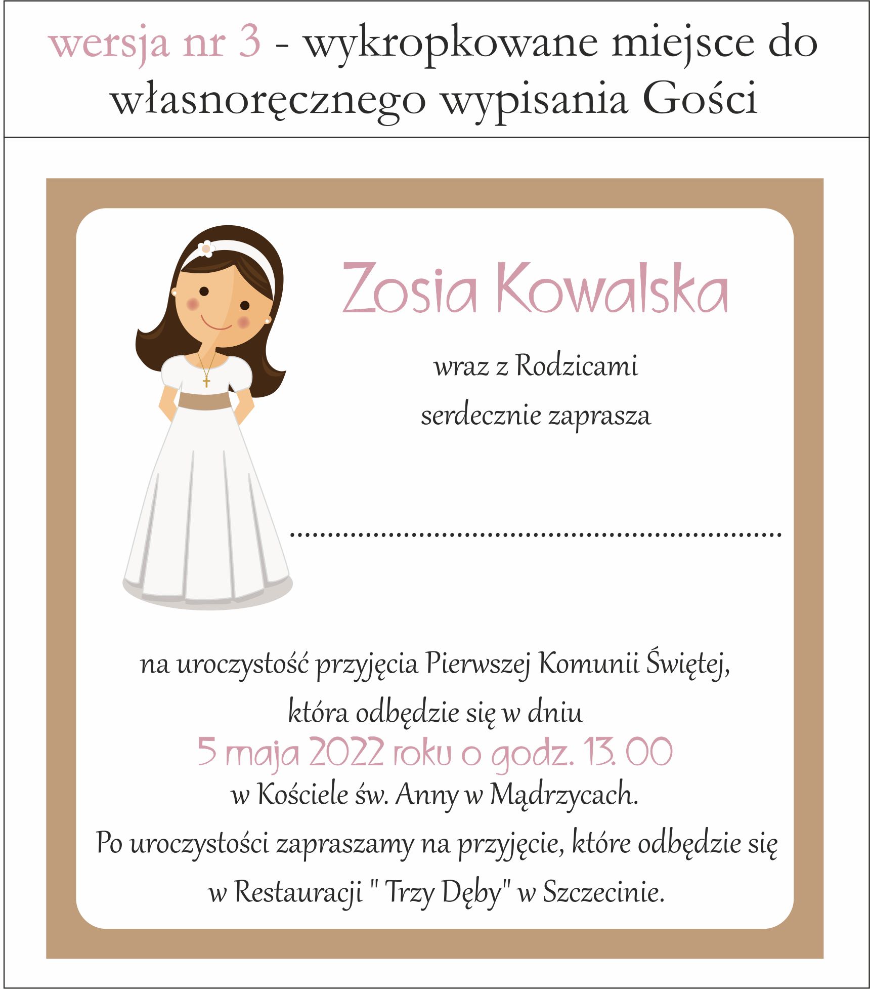 zaproszenia na komunię dla dziewczynki z wykropkowanym polem do wypisania listy gosci