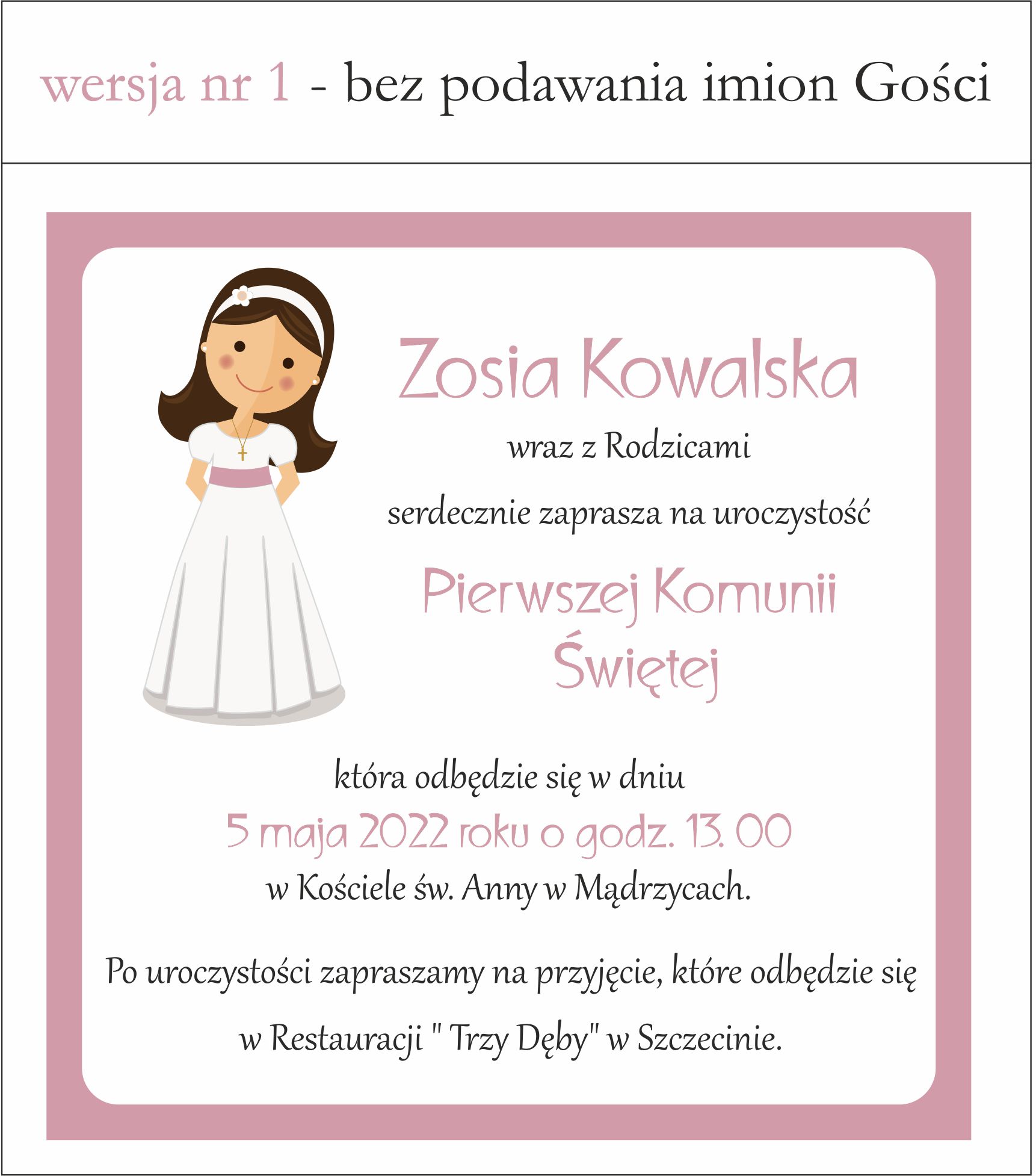 wersja tekstu nr 1 - zaproszenia na komunię