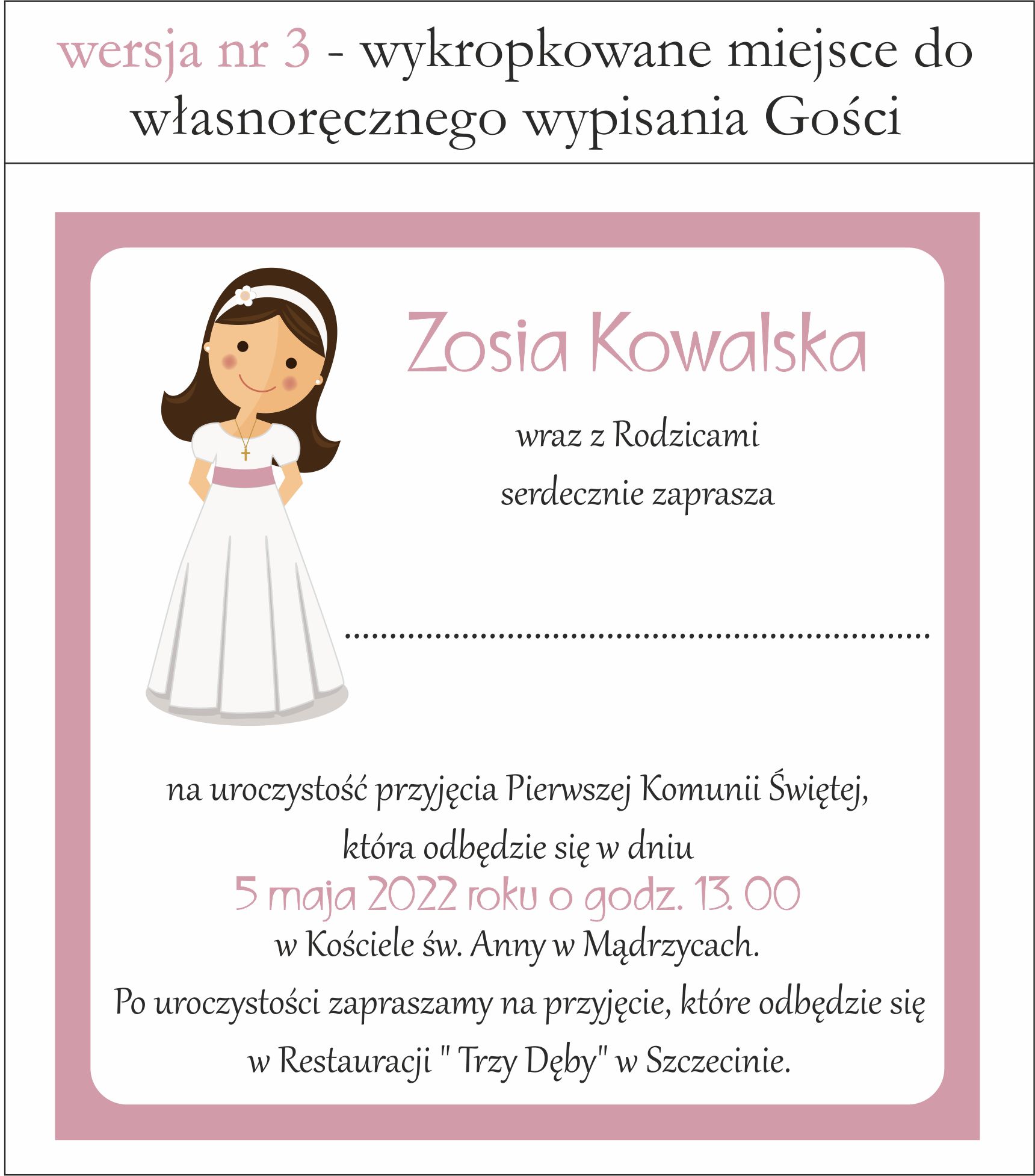 wersja tekstu nr 3 - zaproszenia na komunię