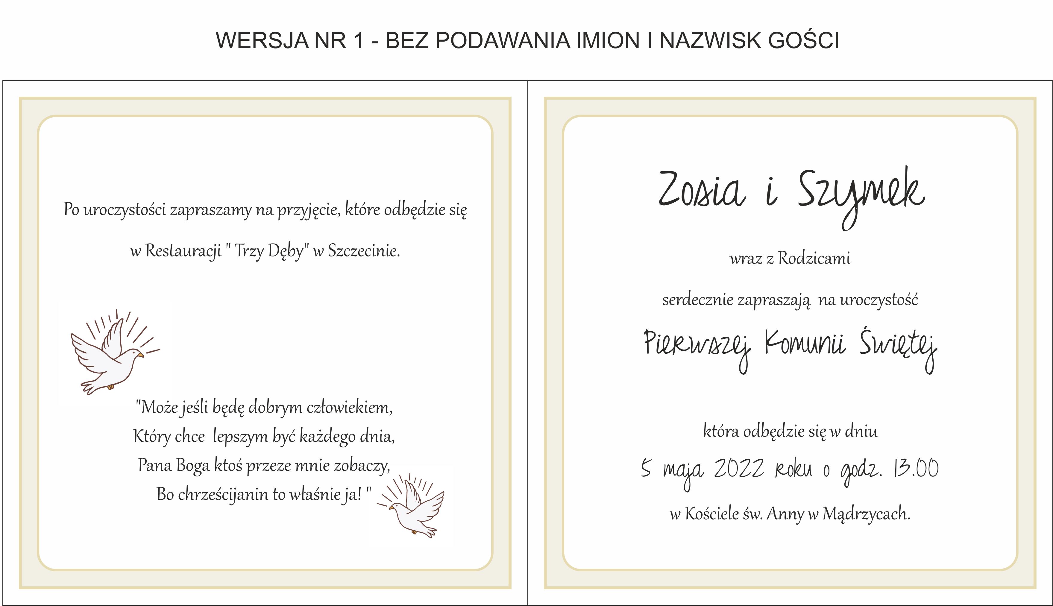 wnętrze zaproszenia na komunię - dla pary dzieci