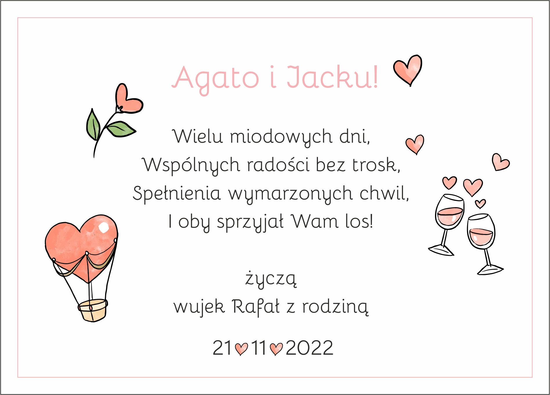 przepiękna kartka z Twoimi życzeniami weselnymi dla pary młodej