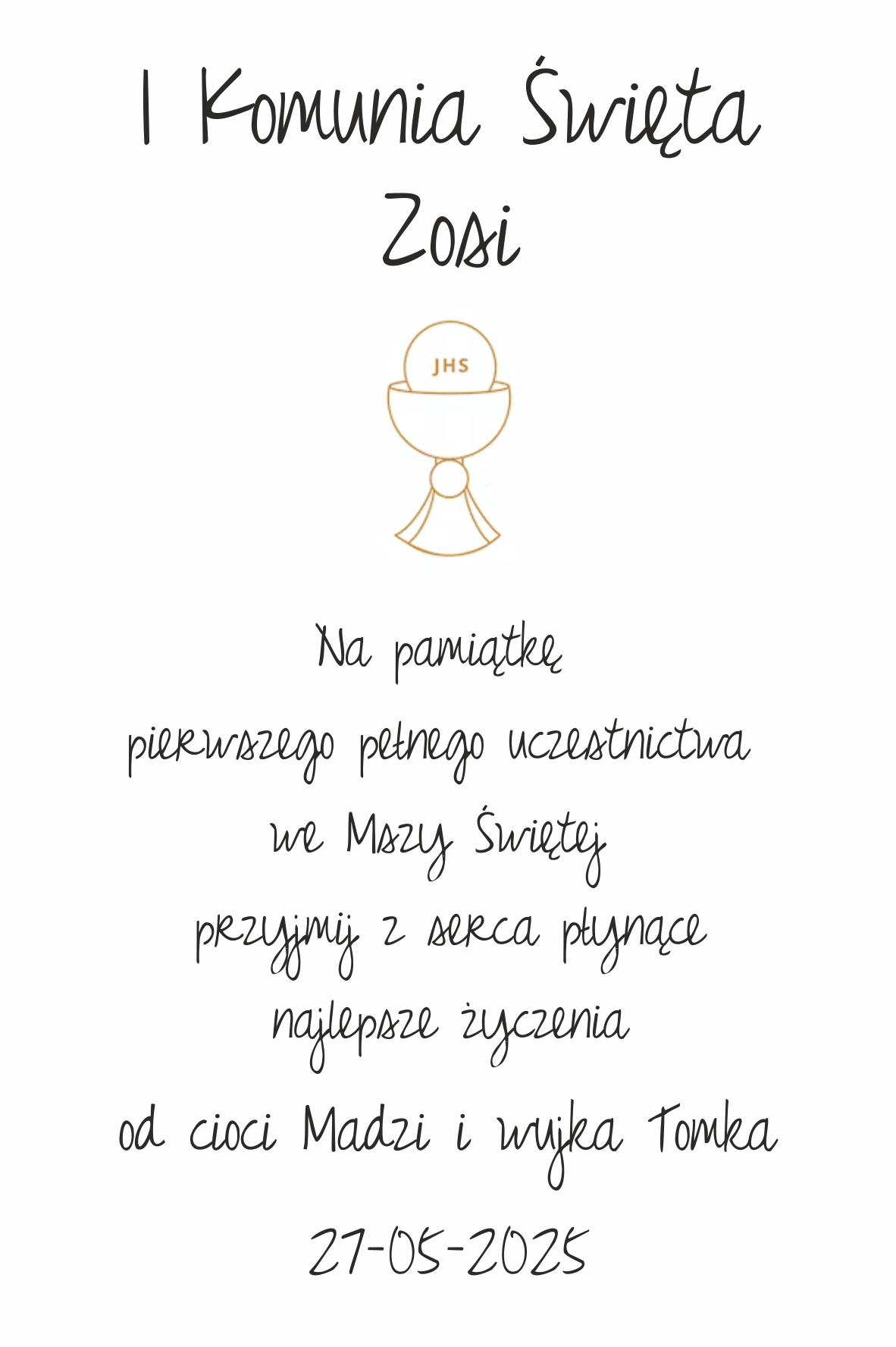 niezwykła pamiatka komunijna z życzenami dla dziewczynki