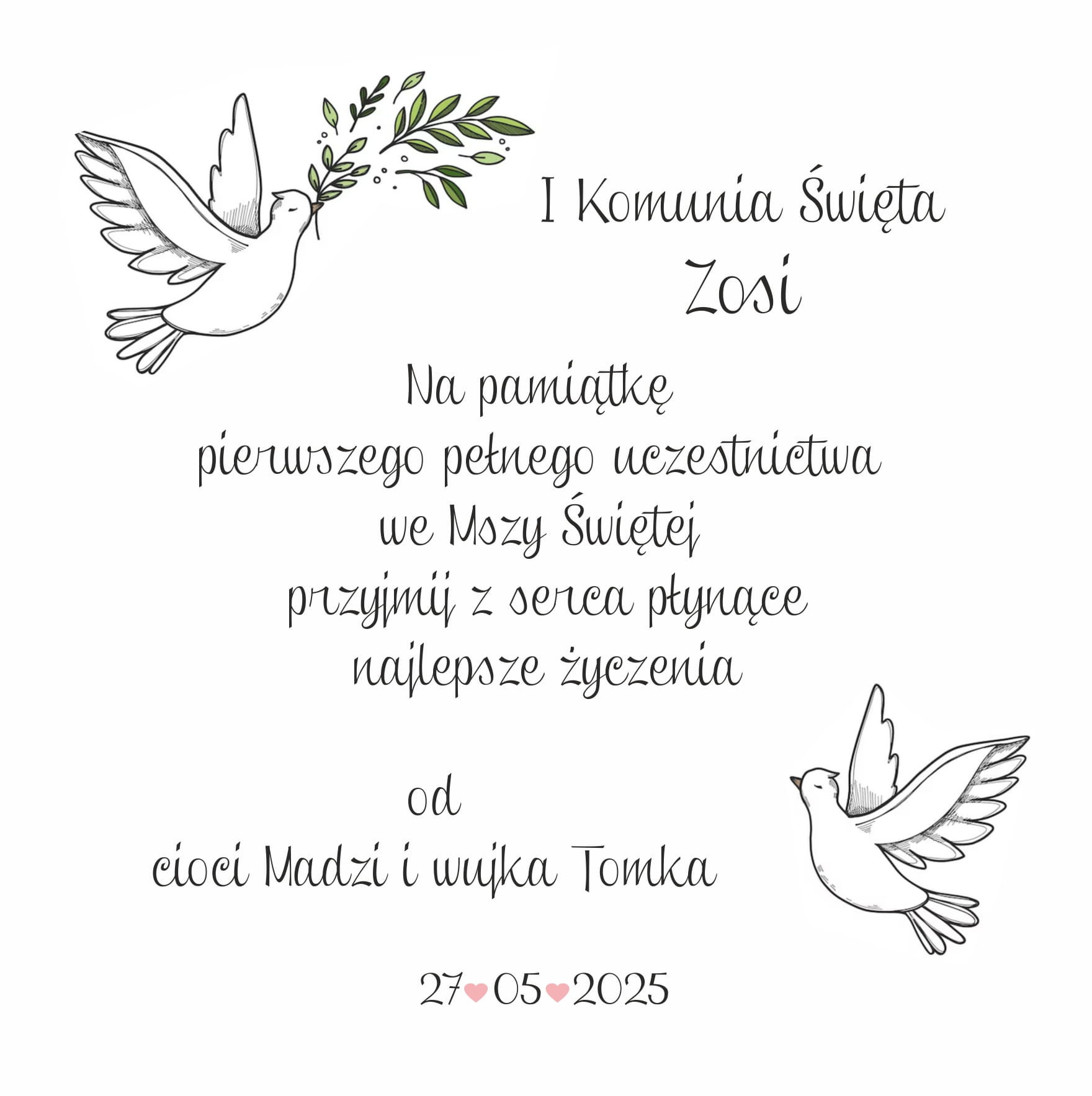 Personalizowana Karta Komunijna Z yczeniami I Miejscem Na Pieni dze